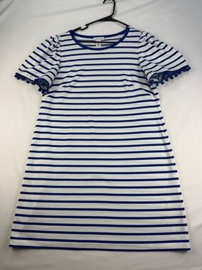 Heyton Blue & White Striped Dress – Size 12 – Pom Pom Sleeves – Like New